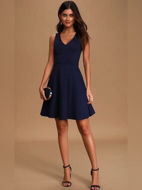 Lulus NEW navy blue skater dress women XS vneck sleeveless Bon Appetit fit flare